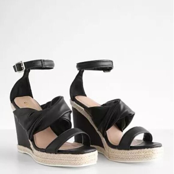 Qupid Shoes - Qupid Cascade Wedge Sandal Espradrille Vegan Leather Size 6.5 Black Sandal